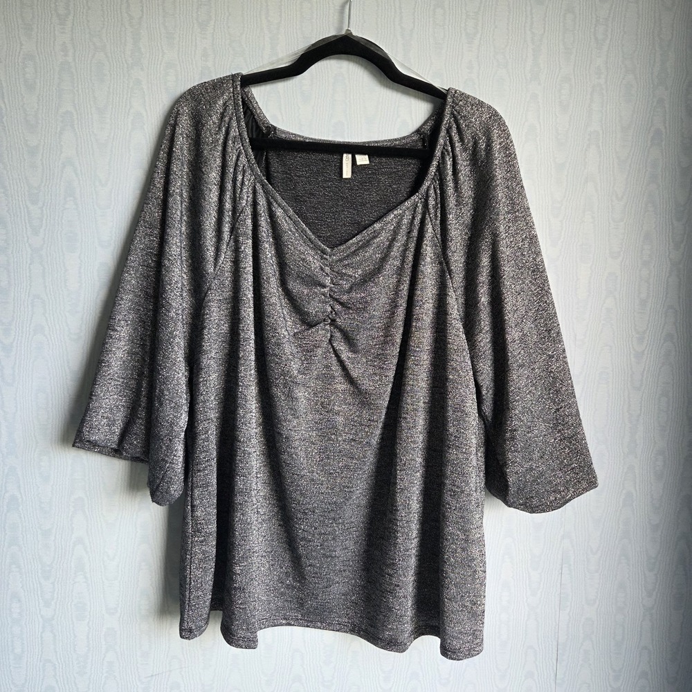 Cato 22 24W Silver Metallic Ruched‎ Heathered Knit Top 3/4 Balloon Sleeve